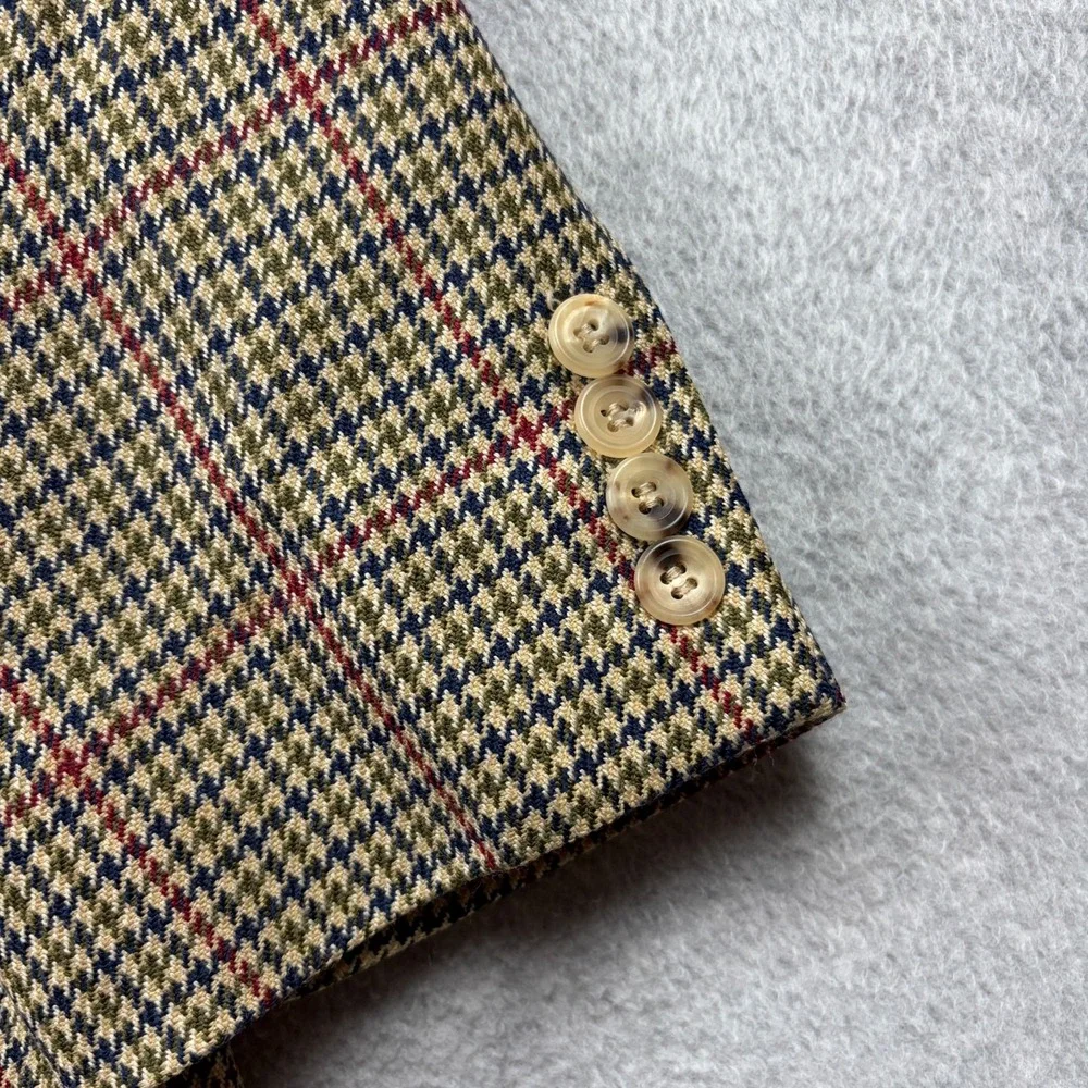 Vintage Paul Stuart Sport Coat Mens 42L Tan Plaid Houndstooth Lambswool Cashmere